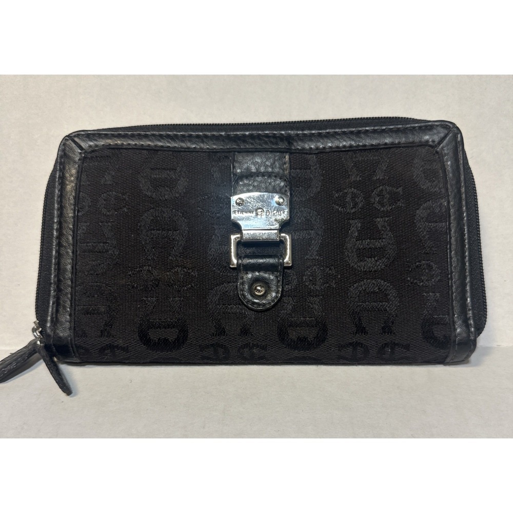 Etienne Aigner Black Signature Jacquard Zip Around Wallet Leather‎ Trim Buckle